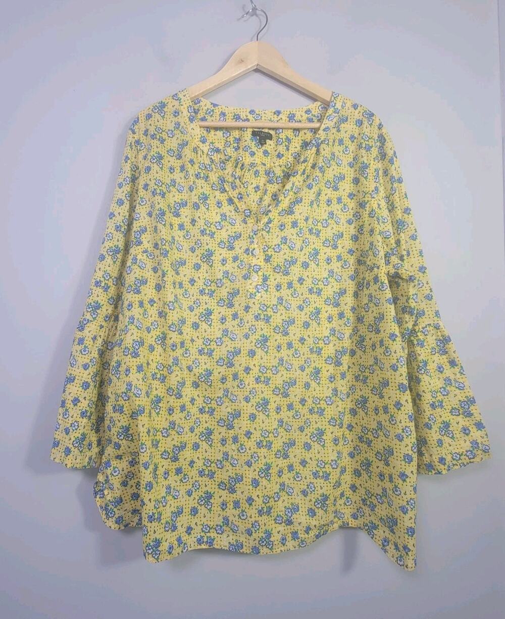 Talbots 3X Bell Sleeve Popover Top Blouse Lightweight Floral Yellow Blue